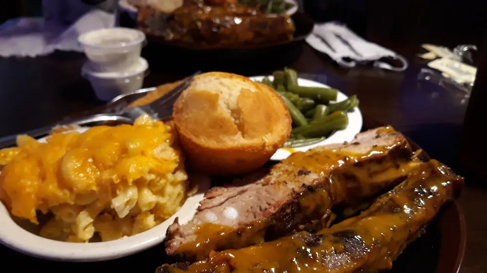 2 Barbecued Ribs with Mustard Sauce Macaroni and Cheese Green Beans and Cornbread